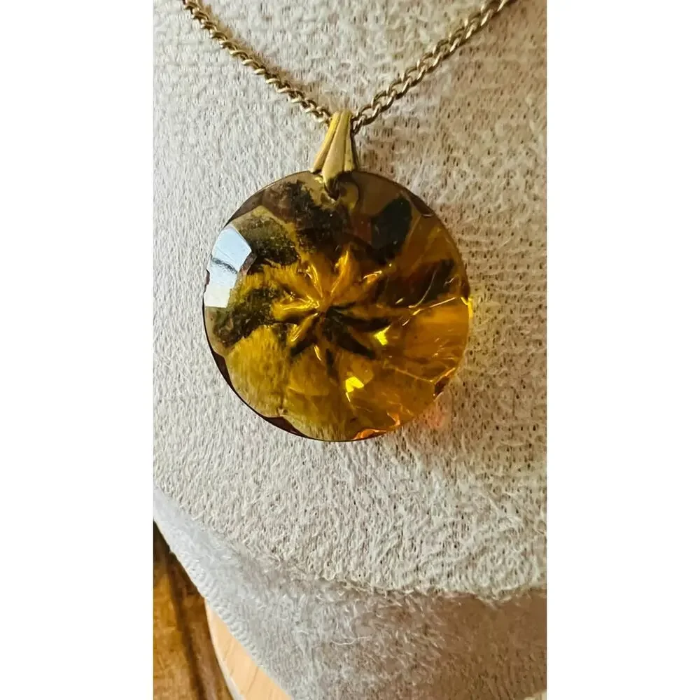 Vintage Amber Glass Sunburst Pendant Necklace